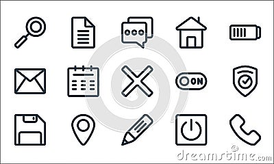 Ui line icons. linear set. quality vector line set such as phone, edit, save, power button, placeholder, mail, switch, home, file Vector Illustration