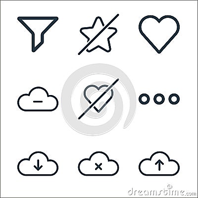 ui line icons. linear set. quality vector line set such as upload, missing, download, menu, dislike, remove, favourite, dislike Vector Illustration