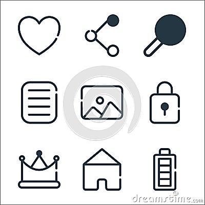Ui master line icons. linear set. quality vector line set such as battery, home, crown, lock, picture, more, search, share Vector Illustration