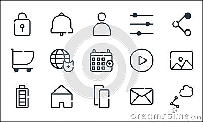 Ui master line icons. linear set. quality vector line set such as share, copy, battery, email, home, cart, play, filter, Vector Illustration