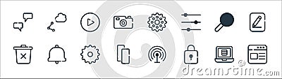 Ui master line icons. linear set. quality vector line set such as website, lock, copy, trash bin, search, play, gear, share Vector Illustration