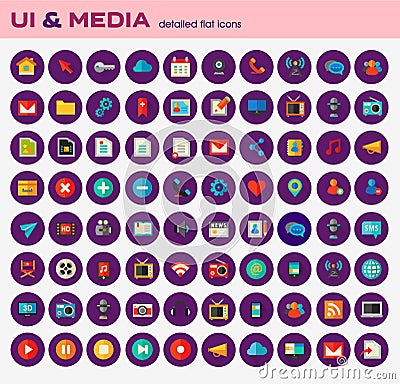 Ui and Multimedia big flat trendy icon set Vector Illustration