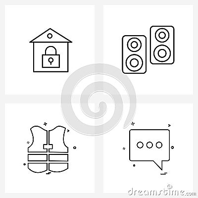 UI Set of 4 Basic Line Icons of building; jacket; lock; laud; message Vector Illustration