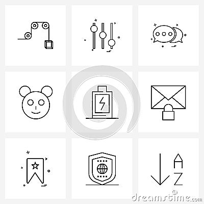 UI Set of 9 Basic Line Icons of email action, battery, sms, basic, bear Vector Illustration