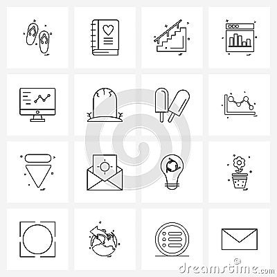 UI Set of 16 Basic Line Icons of grave, computer screen, home, research, websites Vector Illustration