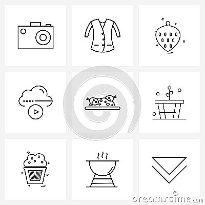 UI Set of 9 Basic Line Icons of meal, biryani, strawberry, play, cloud play Vector Illustration
