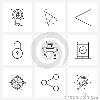 UI Set of 9 Basic Line Icons of screen, protection, point, security, back Vector Illustration