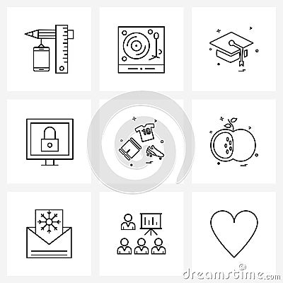 UI Set of 9 Basic Line Icons of sports, football, college, secure, media Vector Illustration
