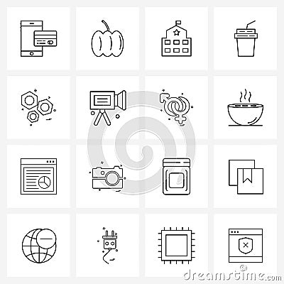 UI Set of 16 Basic Line Icons of work, construction, transportation, usa, fast food Vector Illustration