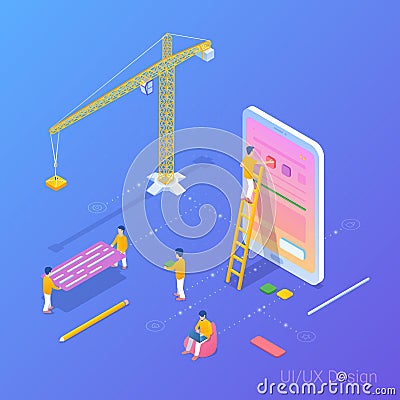 UI UX Design App Development Isometric Flat vector illustration. People working building interface in Mobile Phone Smartphone Vector Illustration