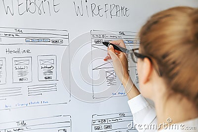 UI UX designer drawing new website wireframe Stock Photo