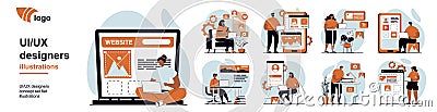 UI and UX designers concept with people scenes mega set in flat web design. Bundle of character situation with creating and coding Vector Illustration