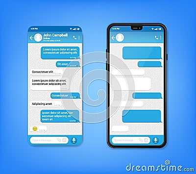 UI UX Phone chat bot blue interface. Text message mobile phone. Text messaging bubles in mobile application on a Vector Illustration