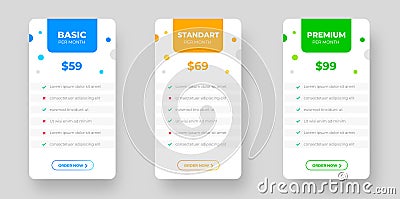 pricing plans table and pricing chart Price list for web or app. Product Comparison business web plans. Stock Photo