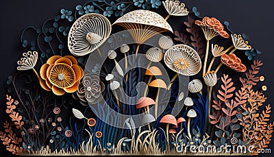 uilled Paper Art of Mushroom with Wild Florals. AI Generated Stock Photo