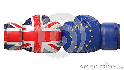 UK against EU boxing glove, Britain vs. European Union international conflict or rivalry, Brexit concept, 3d rendering Cartoon Illustration