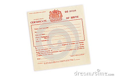 Birth Certificate, United Kingdom Editorial Stock Photo