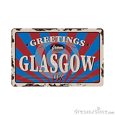 UK cities retro greetings from Glasgow Vintage sign. Travel destinations theme on old rusty background. Vector Illustration