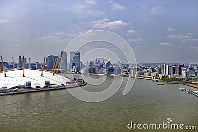 UK, England, London, 02 Arena and Canary Wharf Skyline Editorial Stock Photo