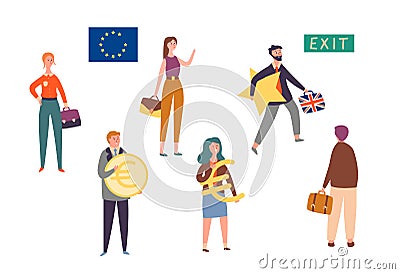 Uk Exit European Union, Brexit Concept Character Set. Man Leave Eu with Star. Britain National Politics Reform Vector Illustration
