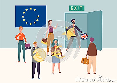 Uk Exit European Union, Brexit Symbol Concept. Man Leave Eu Take Star. Britain National Politics Referendum Agreement Vector Illustration