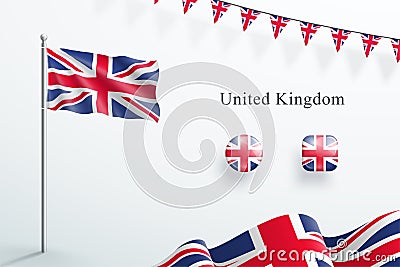 UK Flag 3d Elements Waving Flagpole Bunting Buttons Vector Illustration