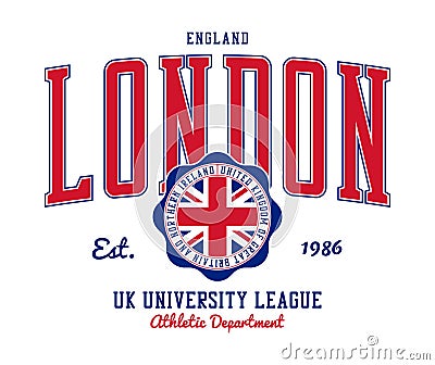 London university t-shirt design with United Kingdom flag. Tee shirt and sports apparel print in college style. Vector Vector Illustration