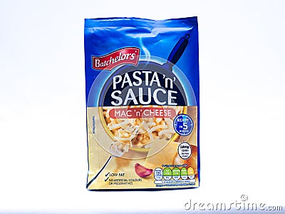 UK, Jan 2020: Batchelors Pasta `n` Sauce Macaroni and cheese packet on white background Editorial Stock Photo