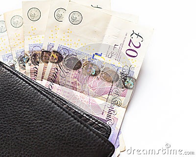 UK money. British 20 pounds bills and wallet Editorial Stock Photo