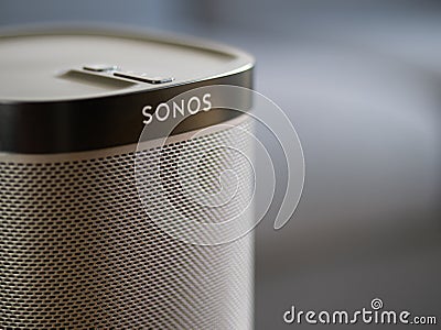 UK, October 2019: Sonos play black wireless speaker close up Editorial Stock Photo