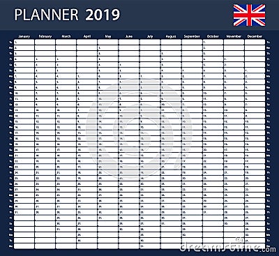 UK Planner blank for 2019. English Scheduler, agenda or diary template. Week starts on Monday Vector Illustration