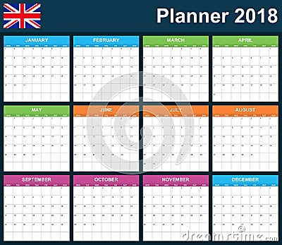 UK Planner blank for 2018. English Scheduler, agenda or diary template. Week starts on Monday Vector Illustration