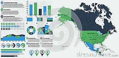 Detailed North America map with infographic elements. Vector Illustration