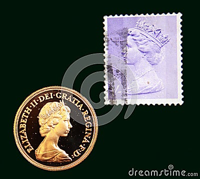 UK purple stamp with portrait of Elizabeth II and 1980 Australian Gold sovereign on black background Editorial Stock Photo