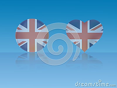 UK/ United Kingdom flag in glossy ball and heart with reflection on blue background vector illustration Vector Illustration