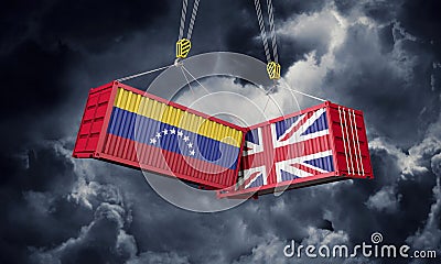UK and Venezuela business trade deal. Clashing cargo containers. 3D Render Stock Photo