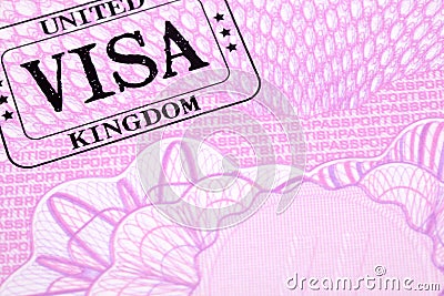 UK visa document immigration stamp passport page close up, copy space Stock Photo