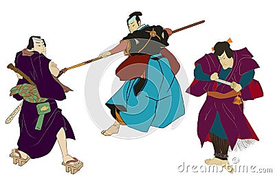 Ukiyo-e man japanese samurai illustration. Japan art of asian warrior, fashion. Japanese style dress of edo period. Vector Illustration