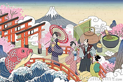 Ukiyo-e people enjoying tea Vector Illustration