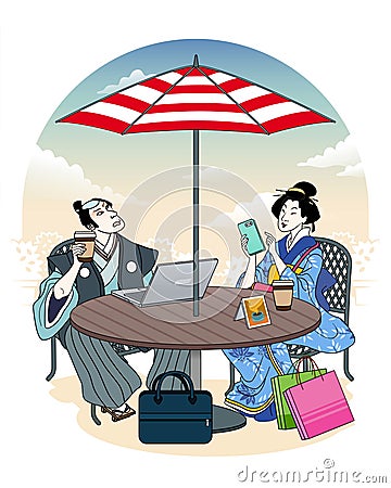 Ukiyo-e people at outdoor cafe Vector Illustration