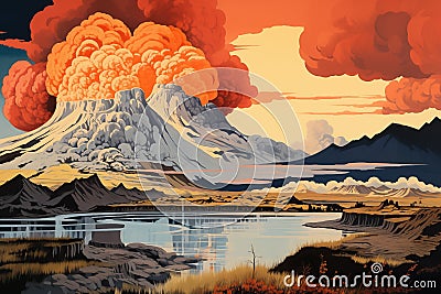 Ukiyoe style Volcanic eruptions in Iceland Cartoon Illustration
