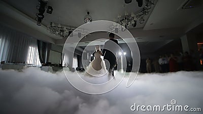Ukrailne. Lviv le 19 janvier 2019. Danse des jeunes mariées au mariage. Fumée lourde qui est mise en évidence par la lumière blanc banque de vidéos Ukrailne. Lviv le 19 janvier 2019. Danse des jeunes mariées au mariage. Fumée lourde qui est mise en évidence par la lumière blanc banque de vidéos