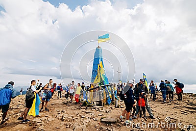 UKRAINE - August 24. 2019. Mount Hoverla. Carpathians in Ukraine in summer. Tourists climb to the top of the mountain. Picturesque Editorial Stock Photo