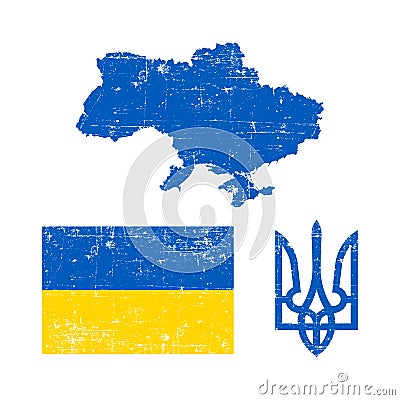 Ukraine blue map, flag anf with Tryzub Trident National Symbols of Ukraine in grunge texture. Stock Vector illustration isolated Cartoon Illustration