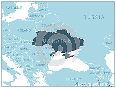 Ukraine - blue map with neighboring countries and names Cartoon Illustration
