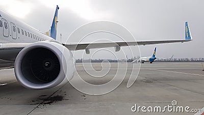 Ukraine, Borispol - March 27, 2020: engine turbine and wing of a large passenger plane awaiting departure at the airport against Editorial Stock Photo