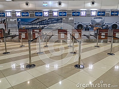 Empty hall of terminal F at Boryspil International Airport. Flight check-in desks with Editorial Stock Photo