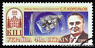 UKRAINE - CIRCA 1998: A stamp printed in Ukraine shows rocket engineer Sergei Pavlovich Korolev, circa 1998. Editorial Stock Photo