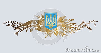 Ukraine Coat of Arms. State Emblem of Ukraine with a wreath of herbs and flowers. Vector Illustration