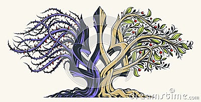 Ukraine concept national emblem Trizub trident shown as an ancient tree with two sides, left side with thorns symbolizes pain and Vector Illustration